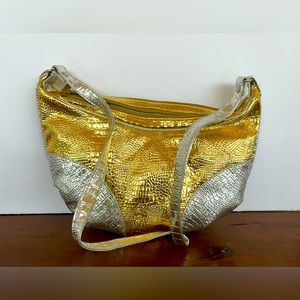 Pelle Gold & Silver Metallic Hobo Bag Made In Korea Croc Print Genuine Leather